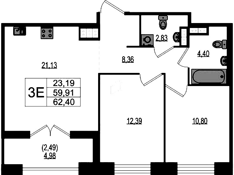2-комнатная квартира 62.4 м², 3/4 эт., ЖК «Ranta Residence»